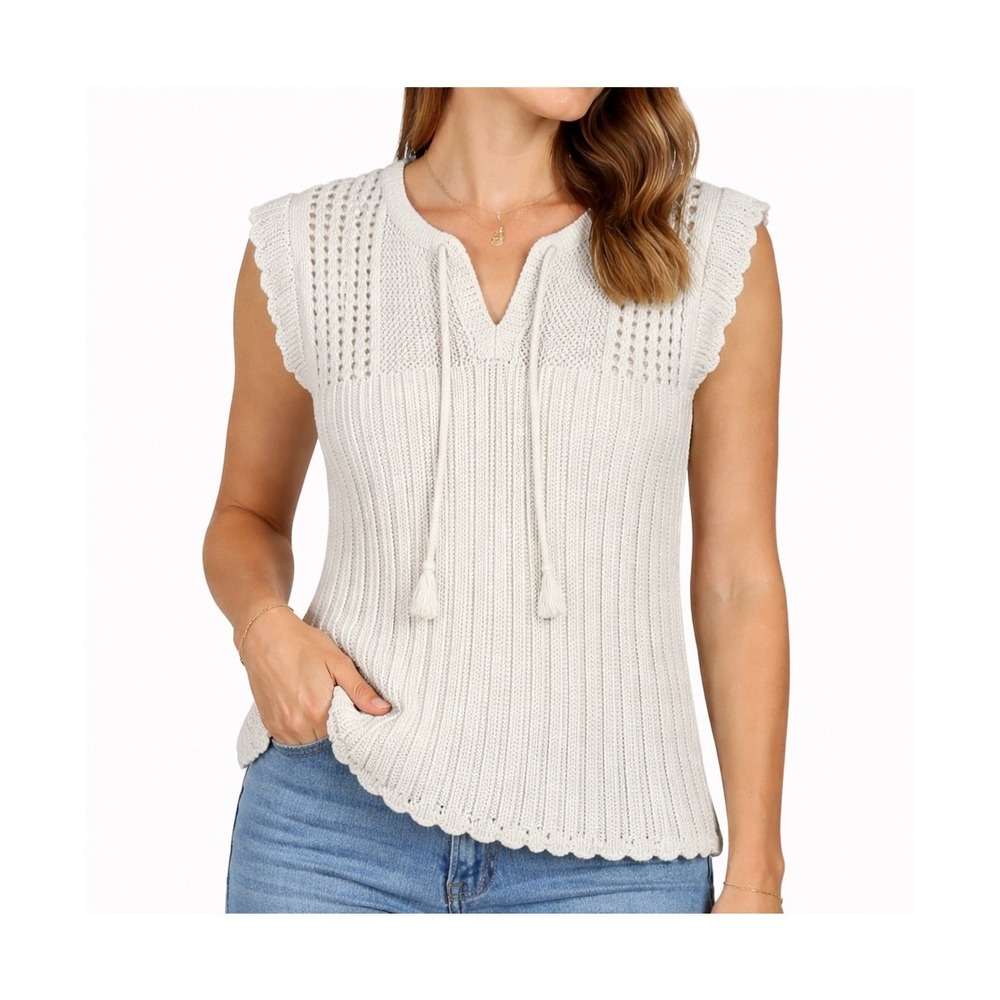 Heartloom Ivory Crochet Knit Tassel Tie Top Sleeveless Sweater Vest Cream Medium